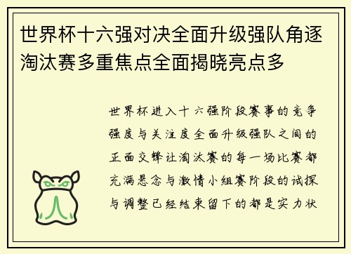世界杯十六强对决全面升级强队角逐淘汰赛多重焦点全面揭晓亮点多
